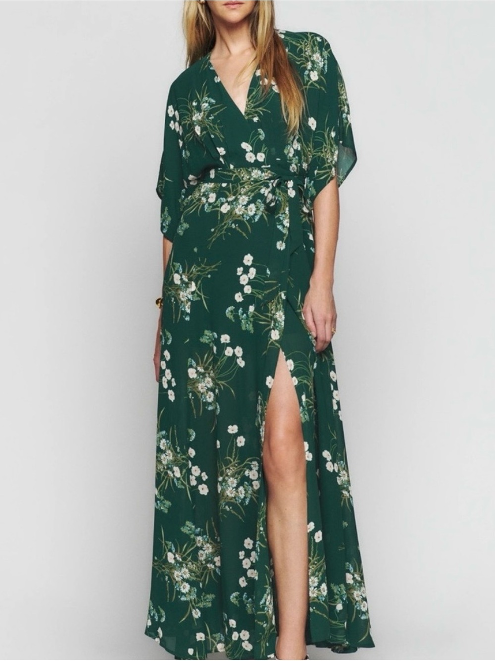 Reformation Emerald Green Floral Wrap Maxi Dress